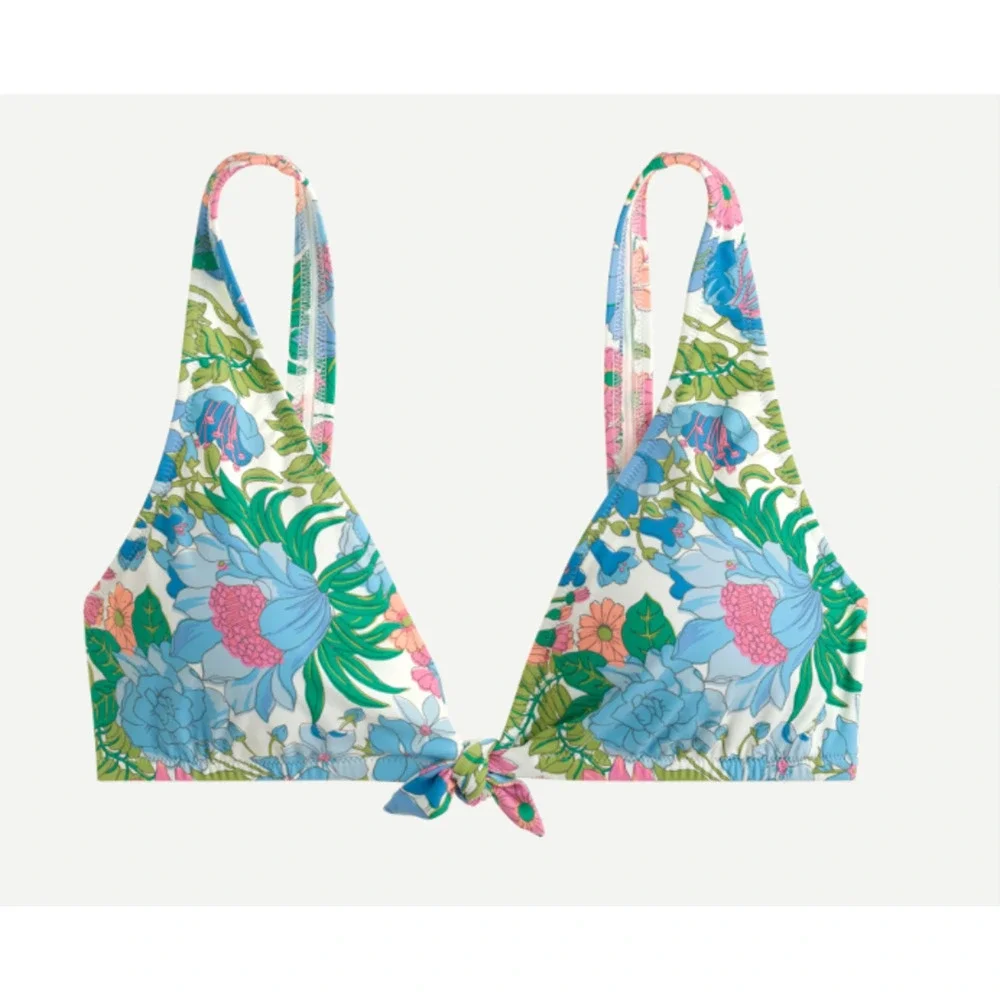 J Crew Bikini Top Womens L Large Multi Fairy Floral Print Eco Tie Front Swimwear